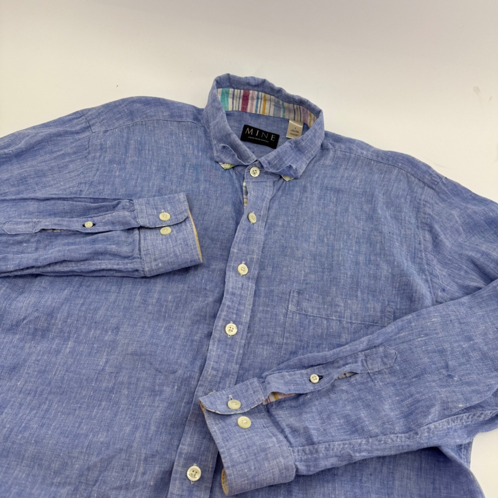 Mine London Milan New York Mens Large Blue 100% Linen Long Sleeve Button Down